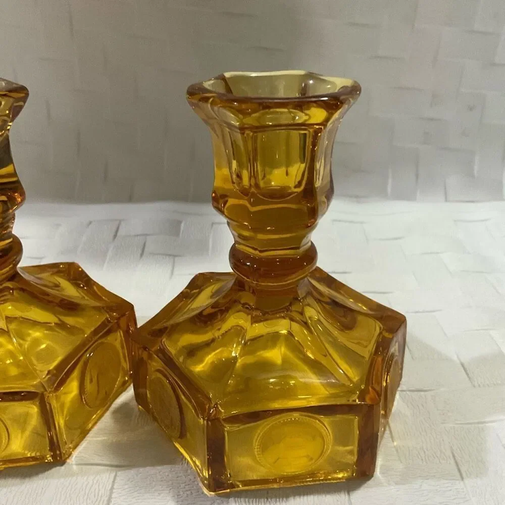 Set of 2 Vintage Amber Fostoria Coin Glass Candle Stick Holders 5” 4.5 INCH TALL